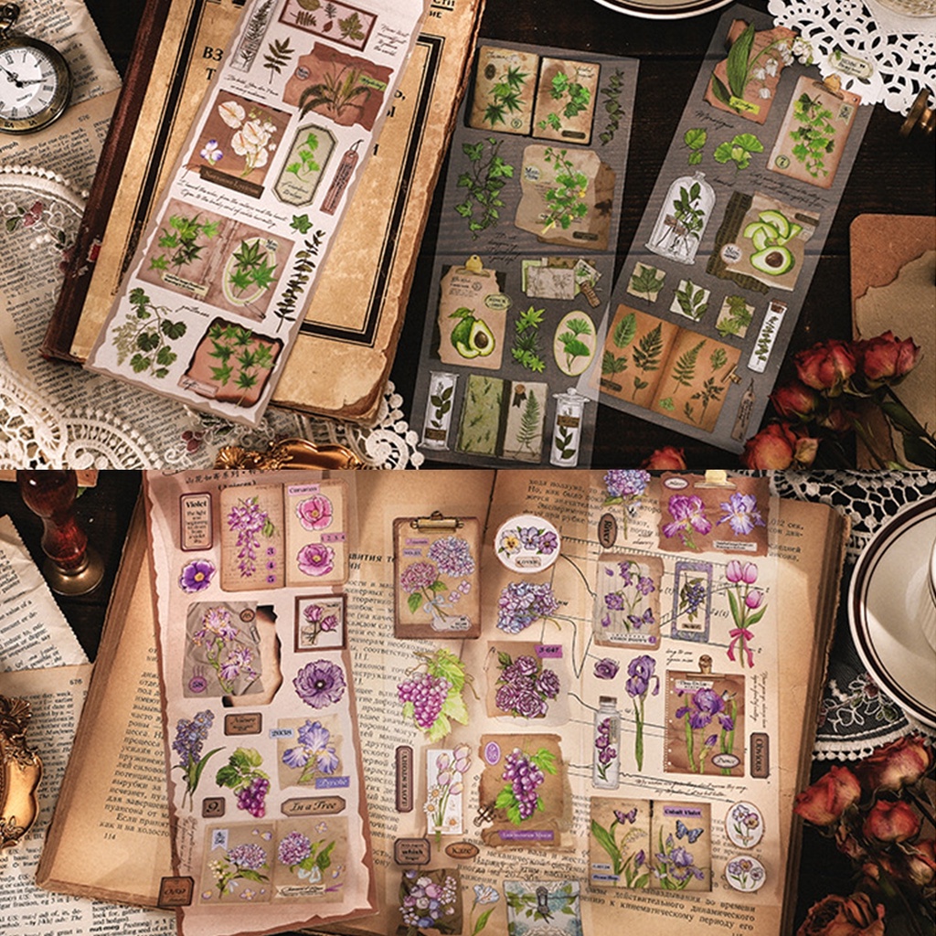 Set 3 tấm sticker PET các mẫu hoa nhiều màu sắc và giấy note trang trí journal