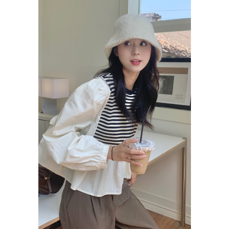 Áo Sơ Mi Nữ Dài Tay Cổ Tròn Sọc Ngang Thời Trang Hàn Mới