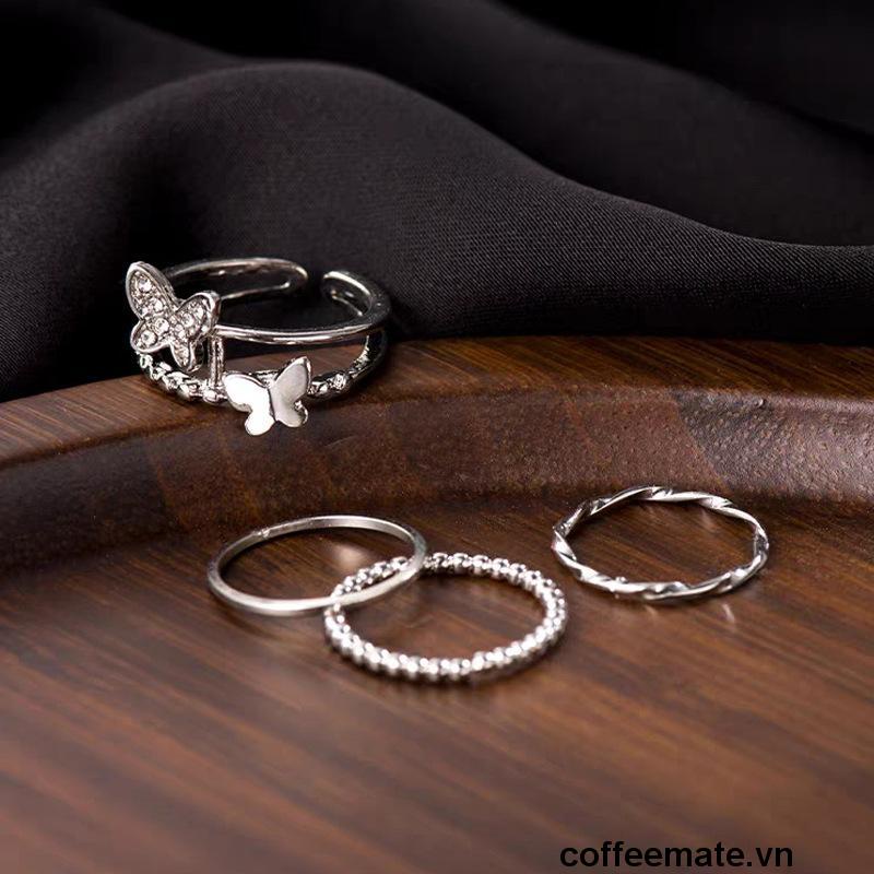 【coffeemate】⚡Bộ 4 nhẫn hợp kim một lớp và hai lớp trang trí bươm bướm phong cách Hàn Quốc thời trang cho nữ