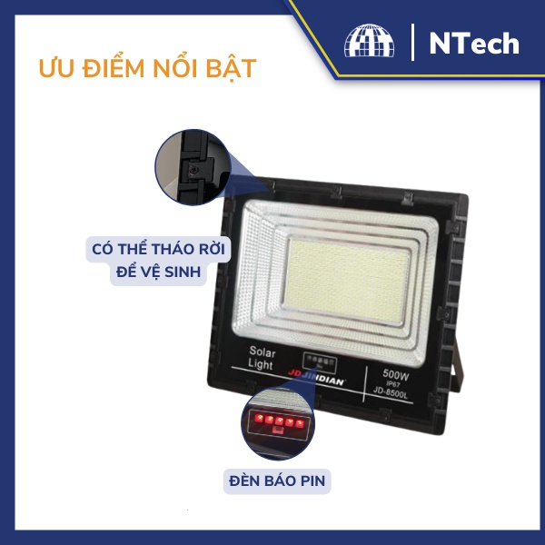 Đèn Năng Lượng Mặt Trời, Đèn Pha JinDian JD-8500L Công Suất 500W - Mẫu Mới 2022, Khung Nhôm, Chip Led "SMD"- BH 02 Năm