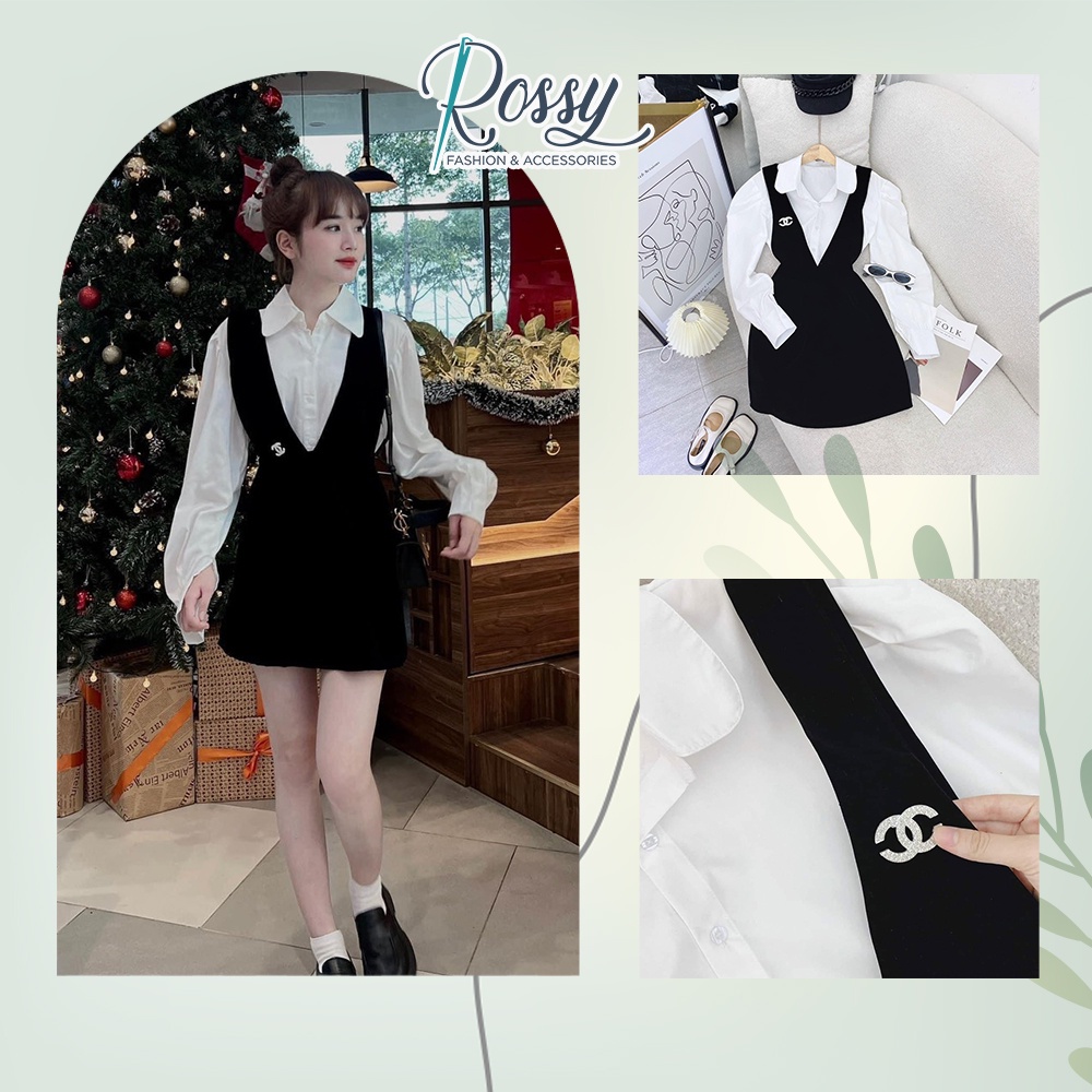 Set đầm yếm midi kết hợp áo sơ mi - Rossy Fashion