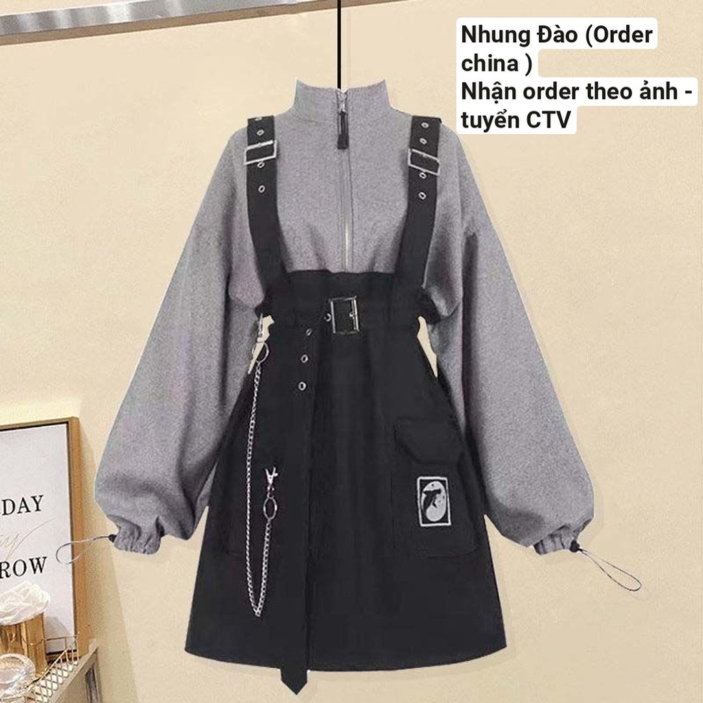 sét váy áo nỉ xám phối váy yếm thắt lưng tháo rời thời trang thu đông cá tính hàn quốc cosplay cute