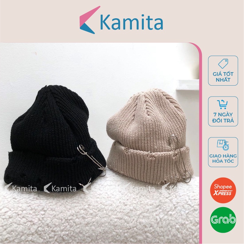 Mũ Len Beanie Rách Đính Khuyên KAMITA Phong Cách Hàn Quốc, Nón Len Ngắn Rách Đẹp Mùa Đông Hip Hop Unisex Nam Nữ ML24