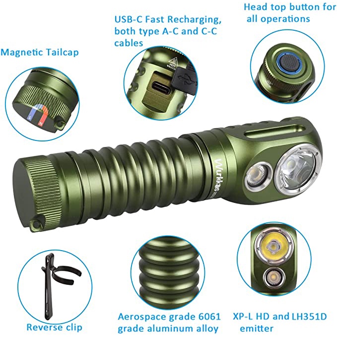 Đèn Pha Wukkos HD20 21700 2000lm Hai Bóng LED LH351D XPL Sạc USB Chất Lượng Cao