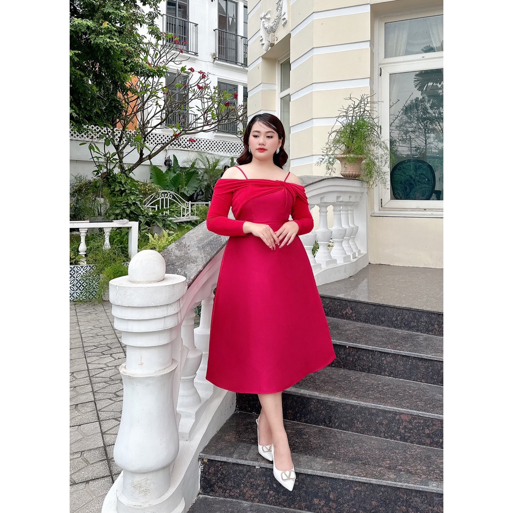 Đầm Bigisize Nữ , Đầm Trễ Vai Tay Dài 2 Dây Dành Cho Những Chị Em Từ 50 - 90 kg