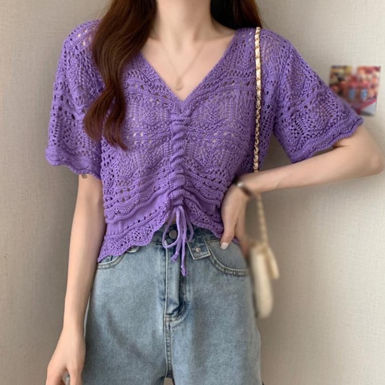 Áo kiểu lưới tay ngắn phối dây rút chống nắng thời trang mùa hè dành cho nữ