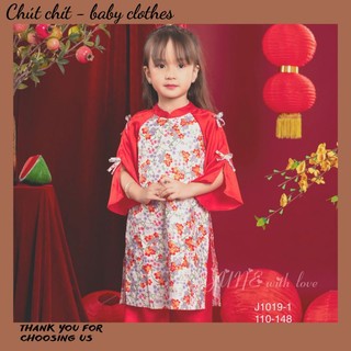 Áo dài đỏ lụa họa tiết hoa đào nhà June cho bé gái 1-10 tuổi