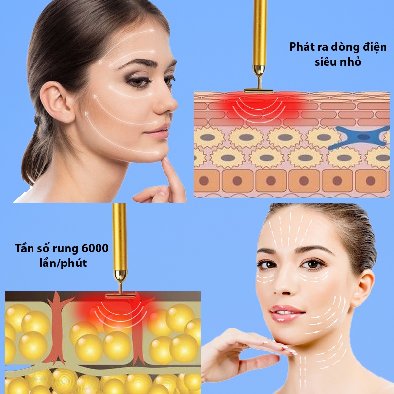 Máy Massage Nâng Cơ Dạng Que Lăn Mạ Vàng 24K Có Tốc Độ Rung Lên Tới 6000 Lần Một Phút Sử Dụng Pin