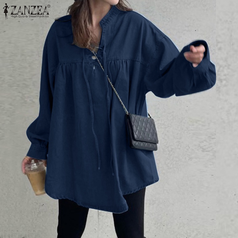 Zanzea Áo Sơ Mi Denim Dài Tay Cổ Đứng Buộc Dây Thời Trang Nữ