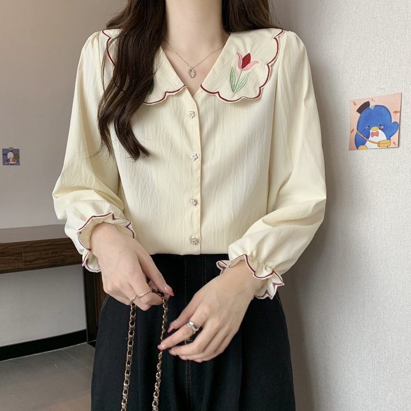 Áo Sơ Mi Tay Dài Phồng Cổ Búp Bê Thêu Họa Tiết Thời Trang Mùa Thu Hàn Quốc Mới