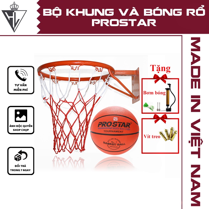 Bộ khung và bóng rổ ProStar phân phối chính hãng + Tặng kèm Bơm mini + Kim bơm + Lưới + Vít treo tường