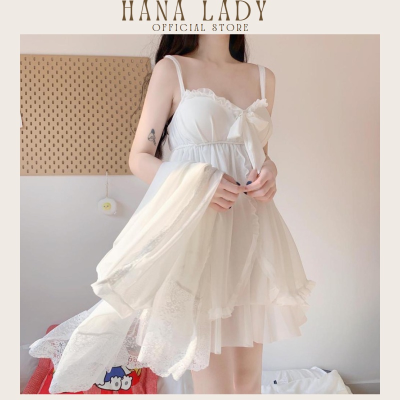 Váy ngủ nữ chất voan lụa mềm mịn kèm choàng sang trọng phối ren quyến rũ HanaLady V497