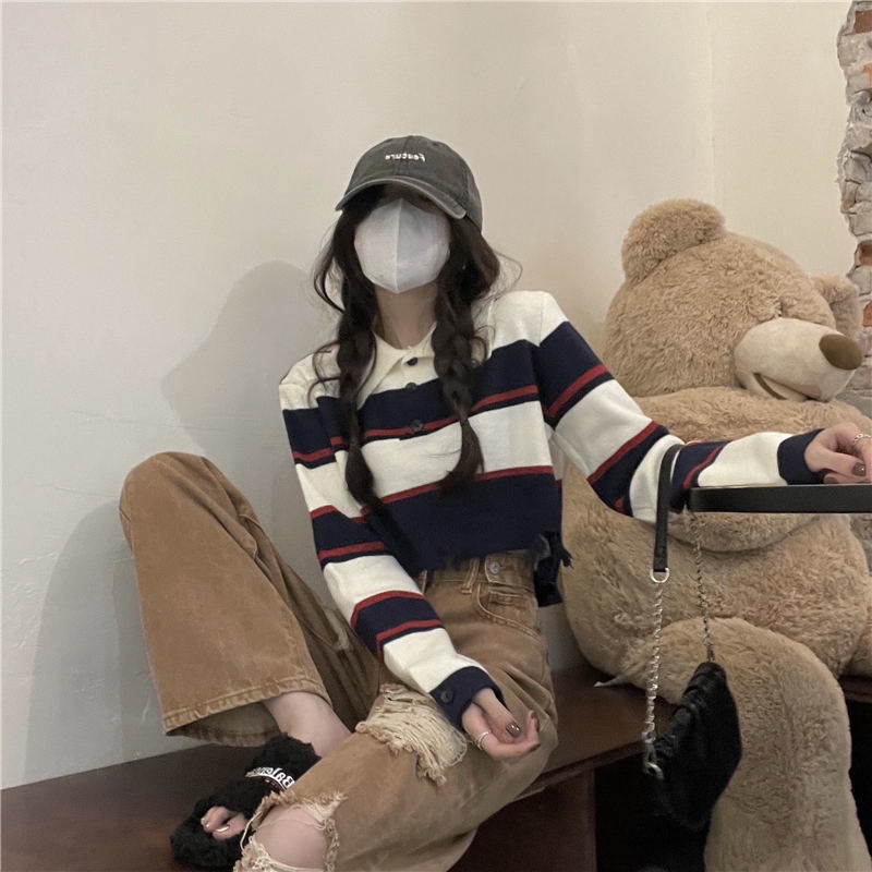 Áo thun dáng ngắn tay dài kẻ sọc ngang thời trang cho nữ VEN022 | BigBuy360 - bigbuy360.vn