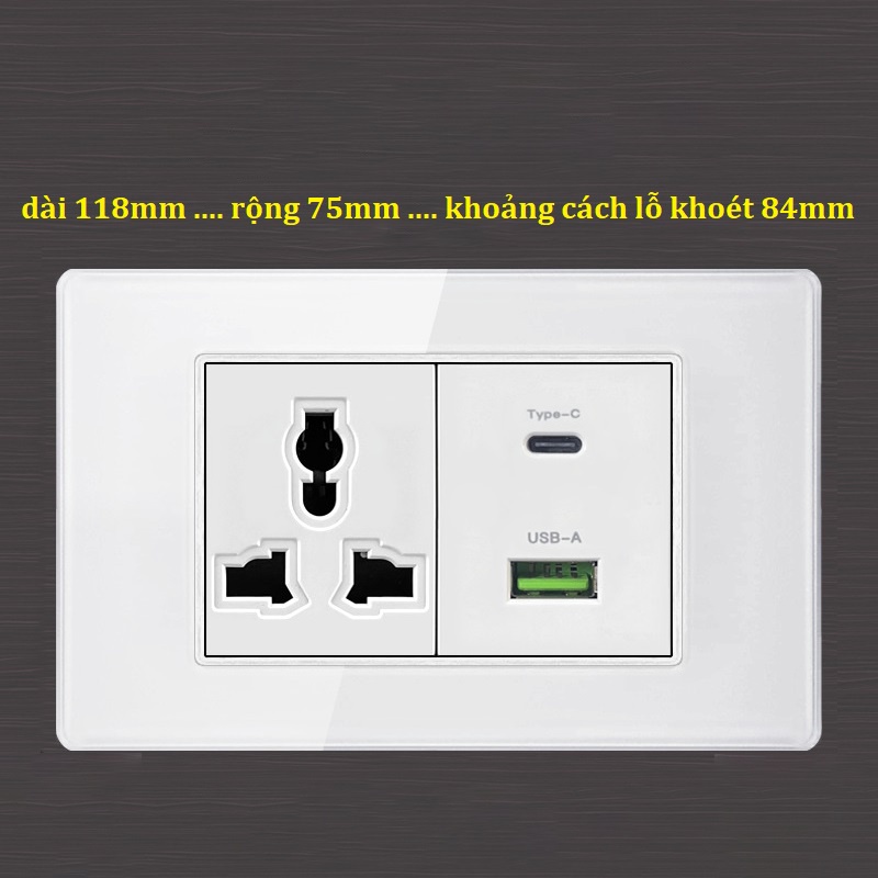 Ổ cắm đơn - đôi mặt kính tích hợp sạc nhanh 20w ( Type C + USB - A ) âm tường