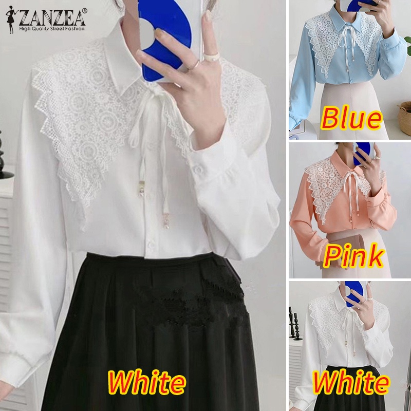 Áo sơ mi ZANZEA tay dài cổ ren có thể tháo rời thời trang cho nữ