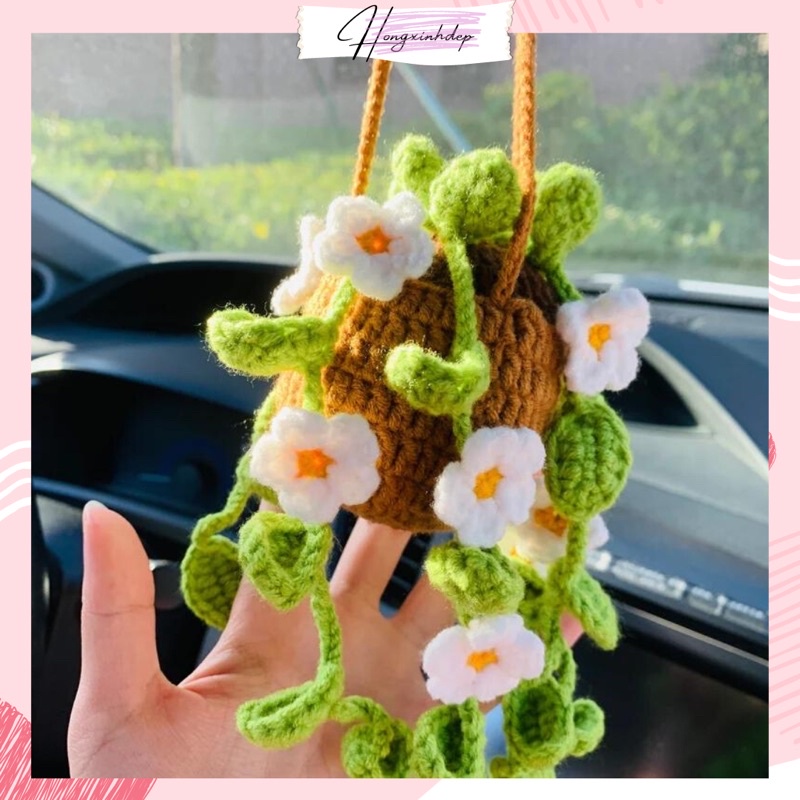 Giỏ hoa treo trang trí bằng len xinh xắn, chậu hoa trang trí decor nhà cửa đáng yêu