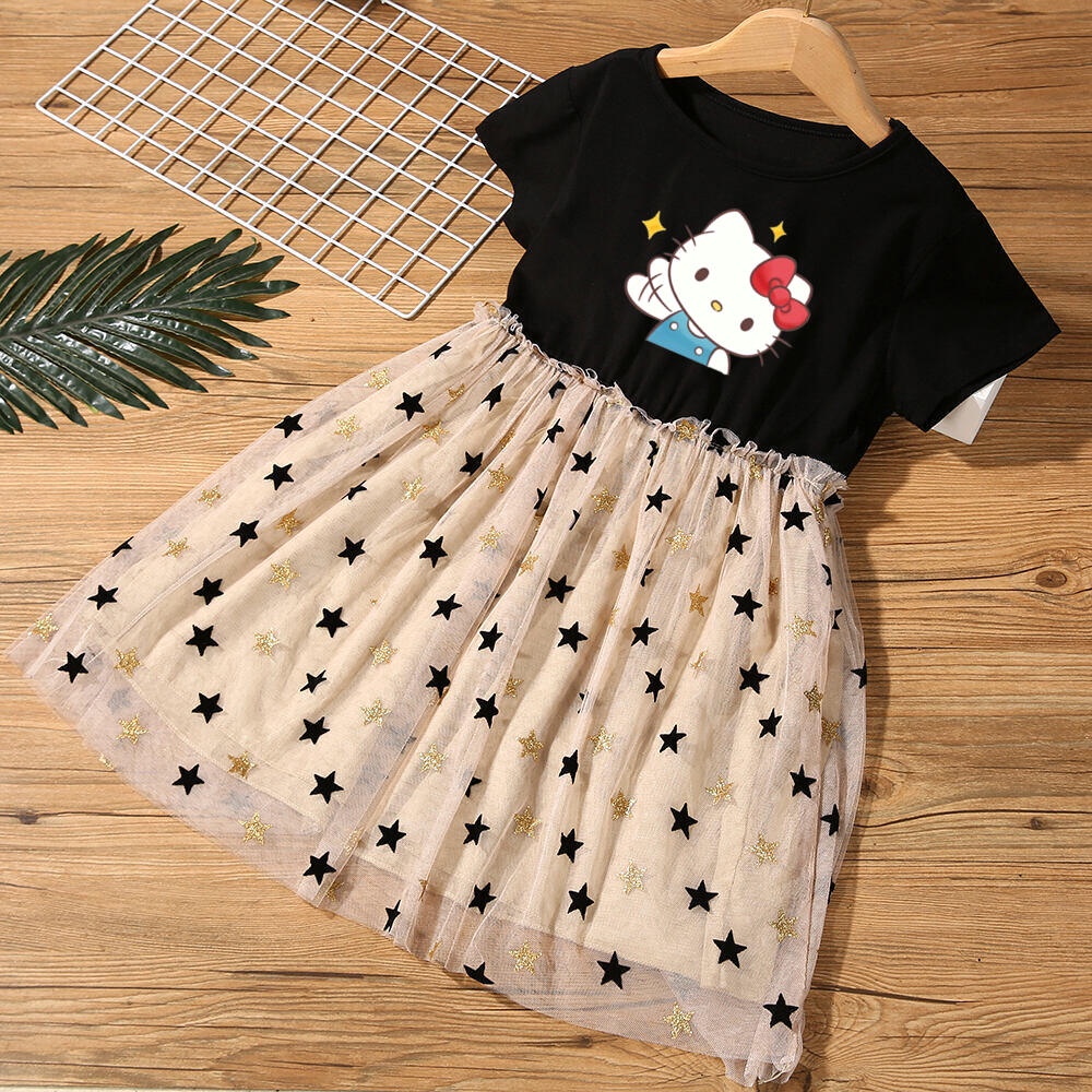 Đầm Công Chúa Tay Ngắn In Họa Tiết Hoạt Hình Mèo kitty Dễ Thương Thời Trang Mùa Hè Cho Bé Gái