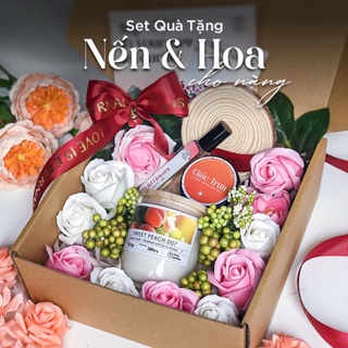 Hộp Set Quà Tặng 8 3 20 10 Valentine Nến Thơm và Hoa Vĩnh Cữu HENY GARDEN