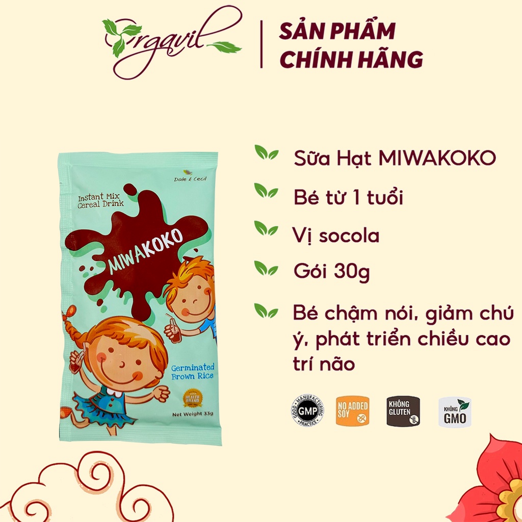 Sữa hạt Miwako vị cacao gói 30g - Sữa hạt Miwako dinh dưỡng hoàn chỉnh cho bé và cả gia đình - Orgavil