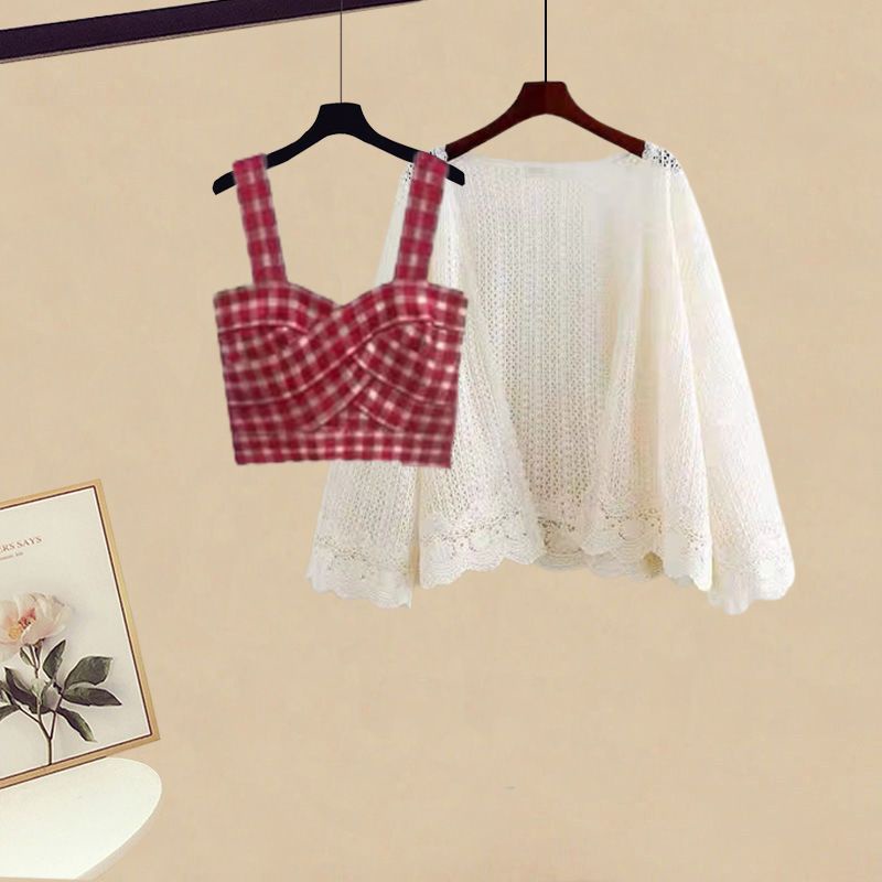 Bộ Áo Khoác Cardigan + Áo Khoác Cardigan + Chân Váy Sọc Ca Rô Thời Trang Xuân Thu Hàng Mới 2023