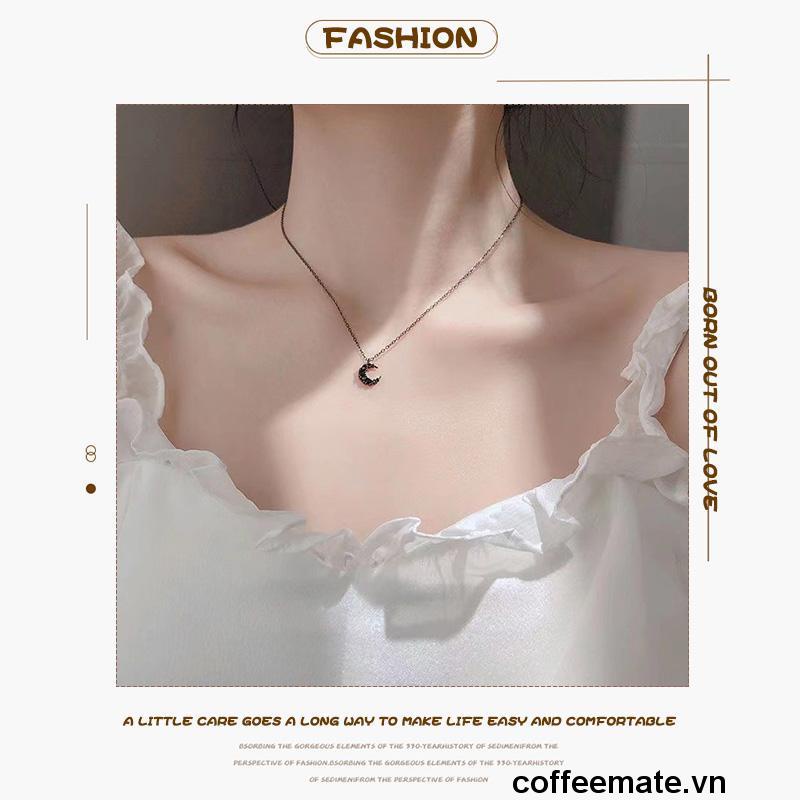 【coffeemate】⚡ Vòng cổ Ngắn Mặt Hình Mặt Trăng Đính Đá Đen Phong Cách Hàn Quốc