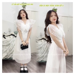 Đầm 2s midi trắng voan xếp li cổ cánh bướm voan kèm thắt lưng dây kéo sau có sẵn mút ngực freesize Pumi