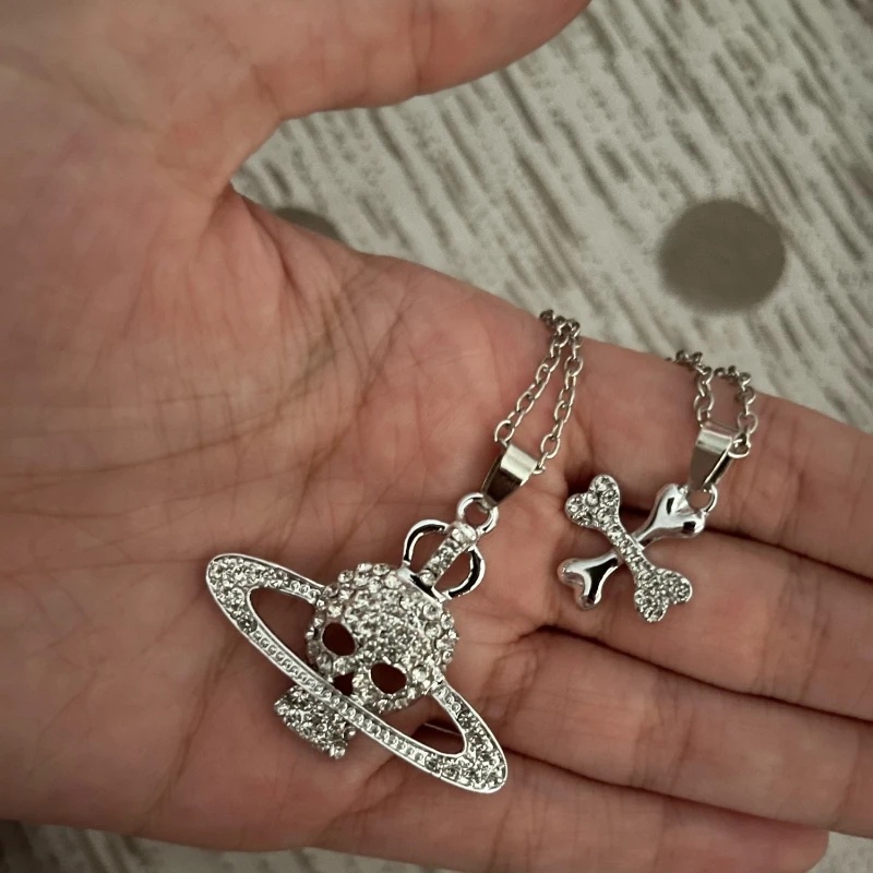 Vòng cổ Hai Lớp Mặt Hình Đầu Lâu Đính Đá Kim Cương Phong Cách Hip Hop Punk Thời Trang