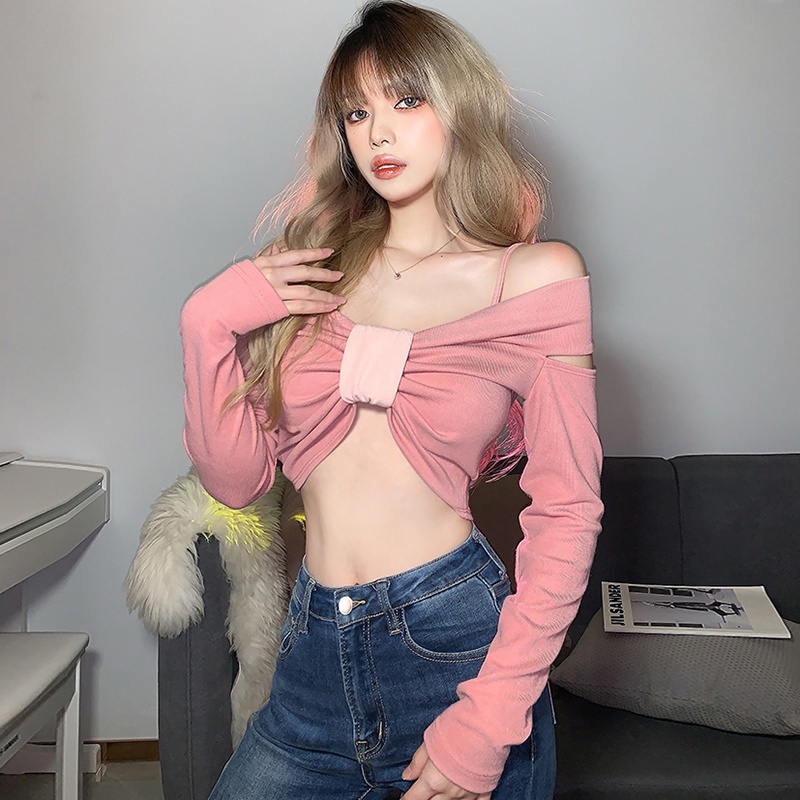 Áo Croptop Trễ Vai Dài Tay Phong Cách Trẻ Trung Thanh Lịch Dành Cho Nữ Thời Trang