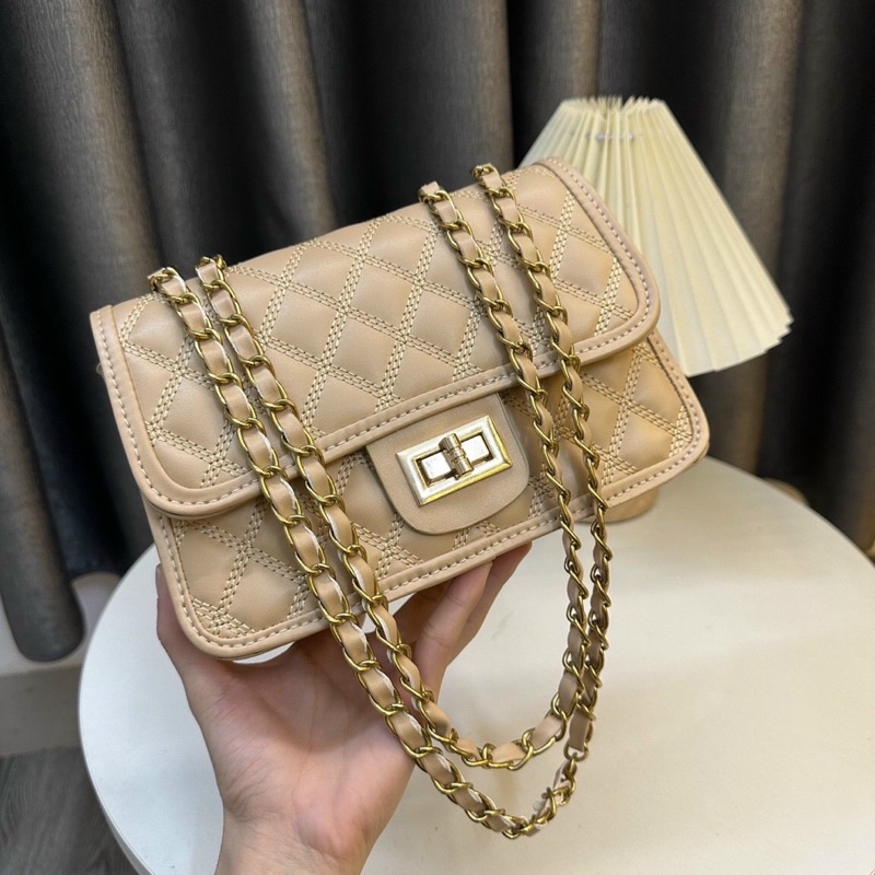 Túi xách đeo chéo nữ khóa xoay 3 ngăn da mềm thêu ô trám dây xích rẻ đẹp TIMISTOREHN TN188