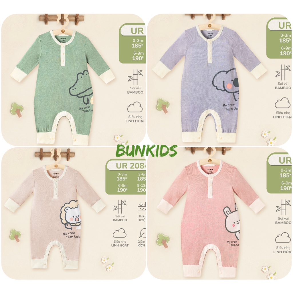BỘ liền thân BODY dài lửng UALA ROGO sợi tre sơ sinh 0-3M xuân hè mỏng mát 2084