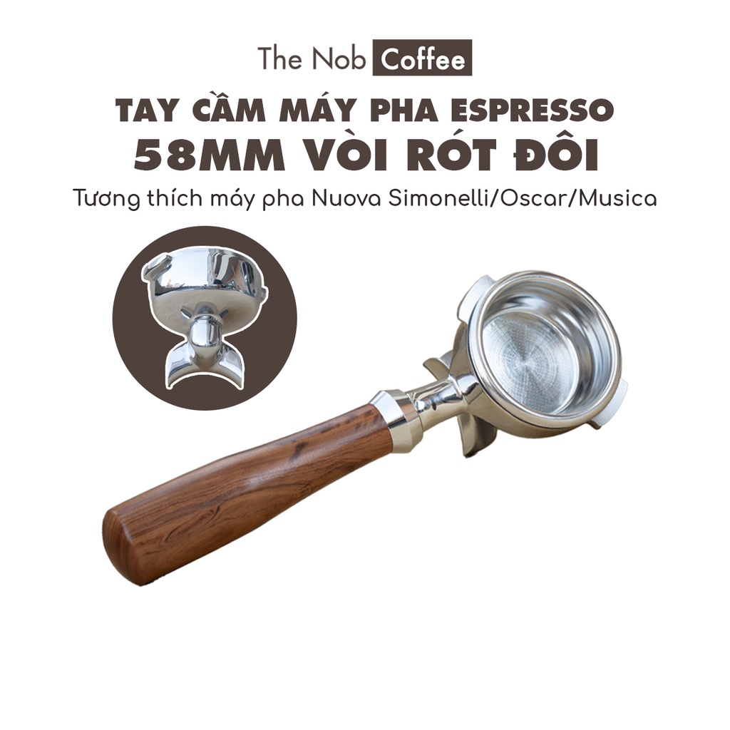 Tay cầm cho máy pha Espresso Size 58mm vòi rót đôi (tai lệch) | Chuyên dụng máy Nuova Simonelli/Oscar/Musica