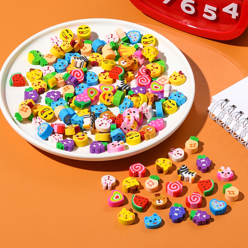 Set 20 Cục Tẩy Bằng PVC Mini 10 * 10mm Họa Tiết Trái Cây / Số / Trái Cây Hoạt Hình Đa Dụng