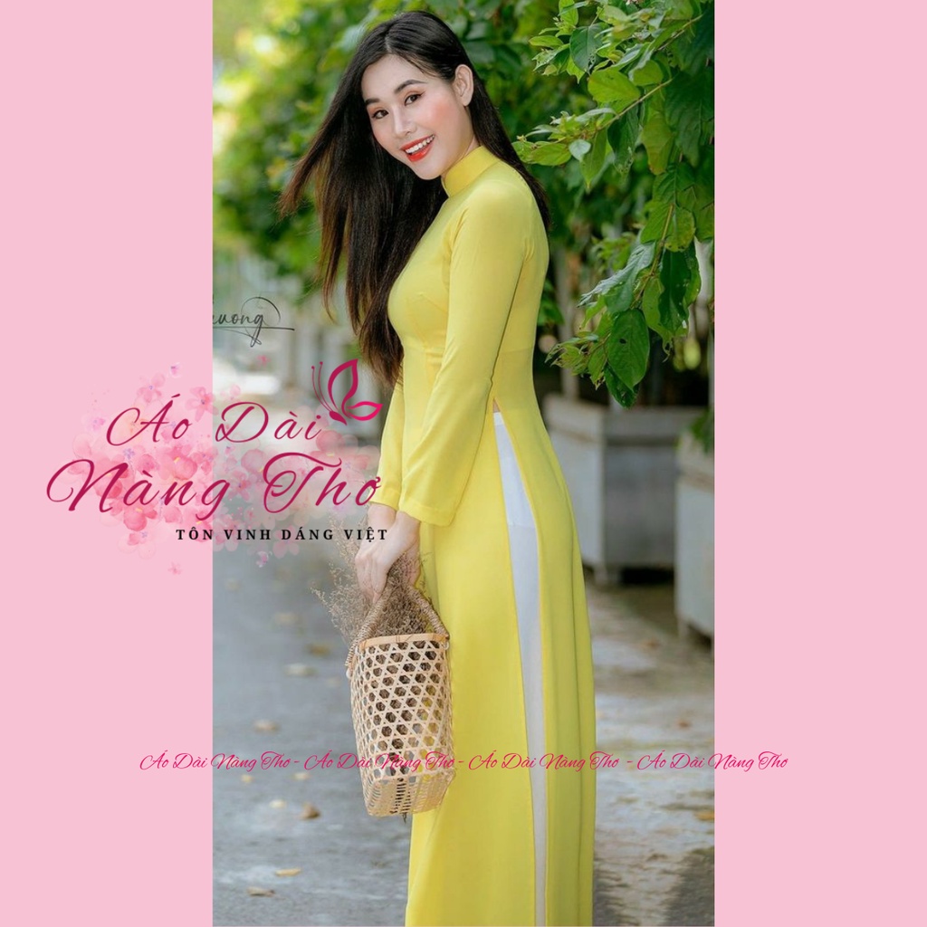 Áo dài truyền thống nữ màu vàng trơn 2 tà may sẵn lụa mỹ cao cấp - Áo dài Nàng Thơ