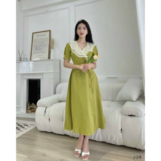 Đầm nữ kiểu dáng vành trắng dáng xòe thiết kế vải dày dặng phối cotton lạnh kèm tơ gân