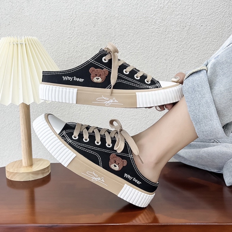 Sục thể thao Giày lười nữ thêu hình Gấu - Giày đạp gót Giày bata đế thấp khoẻ khoắn đủ size 35-40