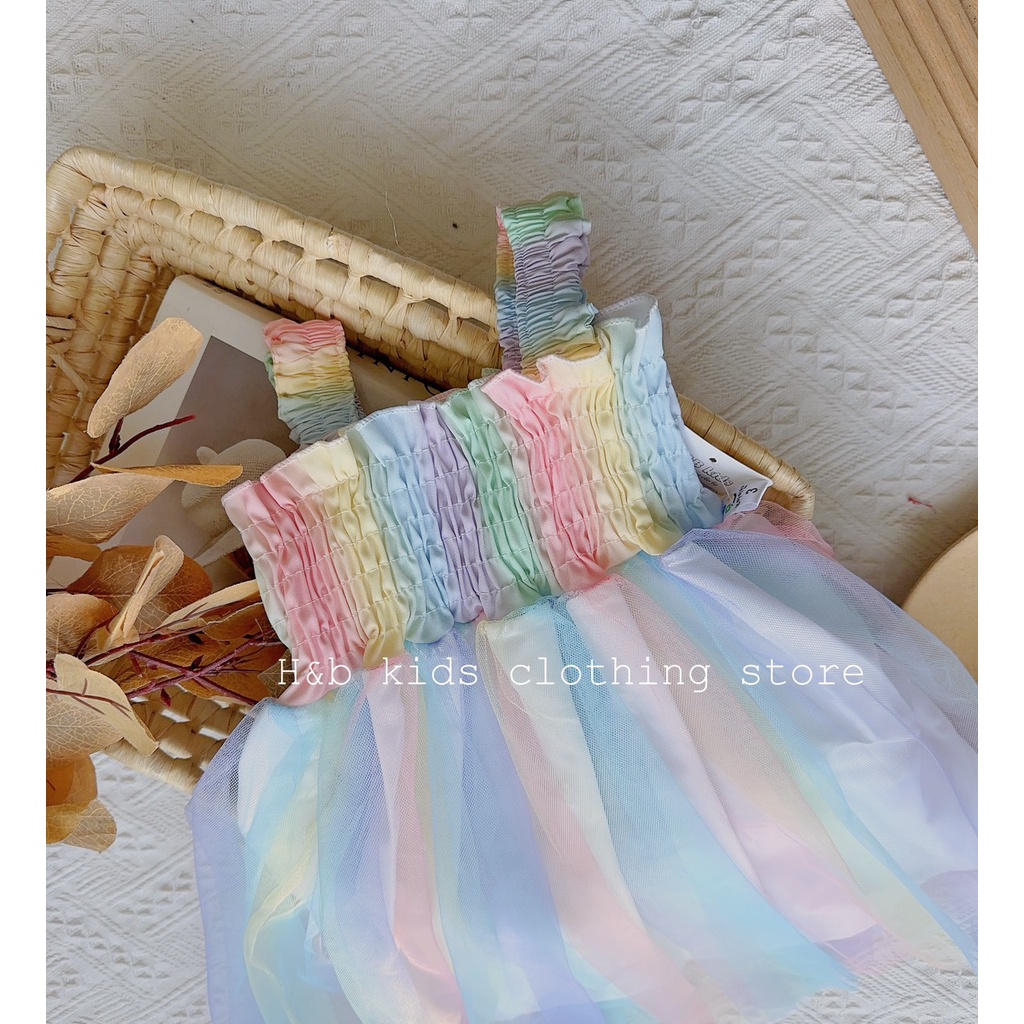 Váy 2 dây công chúa cầu vồng cực hot cho bé gái 8-20kg, váy cầu vồng hot tream 2023