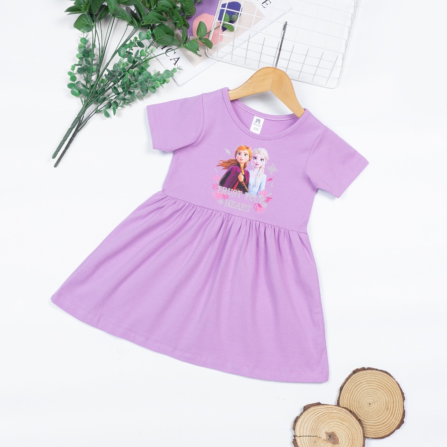 Đầm elsa cho bé gái thun cotton tay ngắn in hình hoạt hình kitty kỳ lân mickey minnie Áo Lá Homewear NNB003