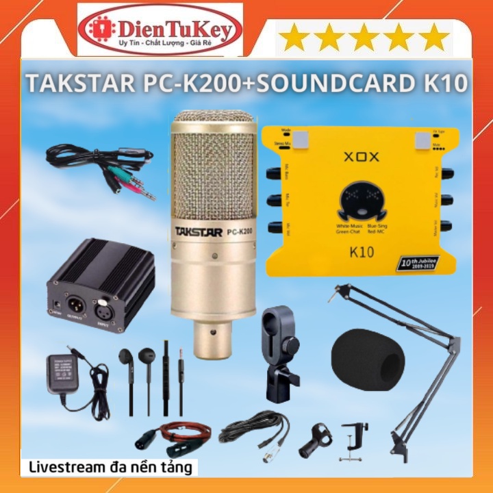 Bộ Mic Hát Livstream karaoke Combo Soundcard K10 & Mic Takstar PC-K200 BH 1 NĂM, Thu Âm Điện Thoại Chuyên Nghiệp