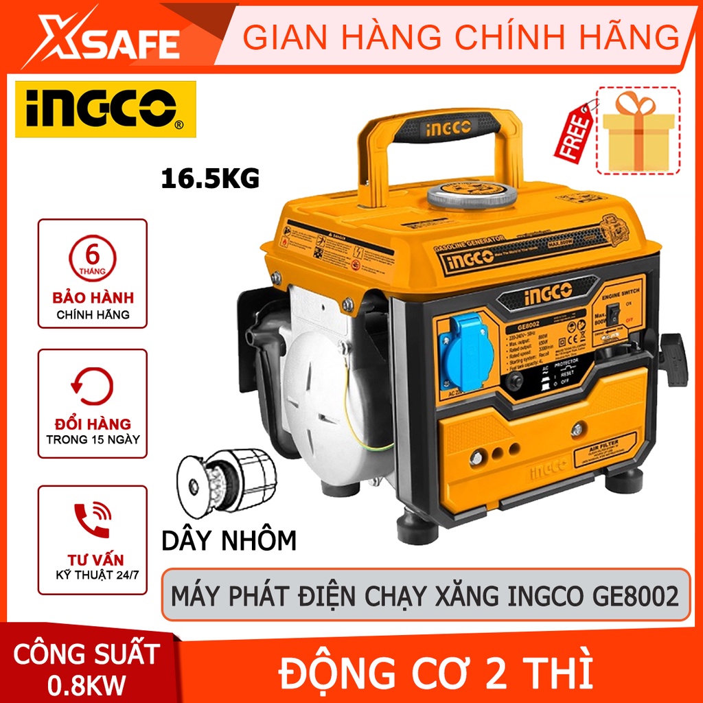 Máy phát điện mini 220V gia đình INGCO GE8002 Hoạt động liên tục 13h, công suất 0.8KW, động cơ 2 thì dùng xăng pha nhớt