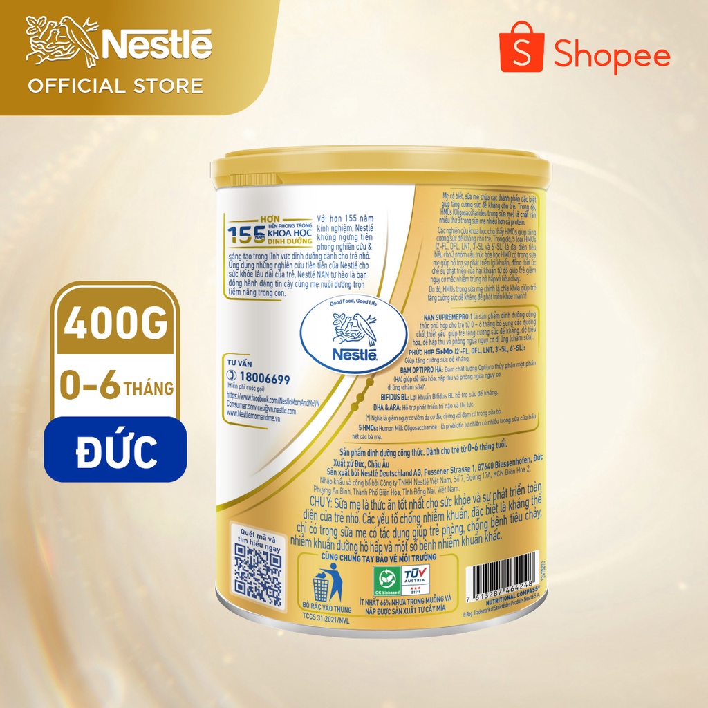 Sữa Bột Nestlé NAN SupremePro 1 lon 400g với 5HMO & đạm Gentle Optipro nhập khẩu nguyên lon từ Đức