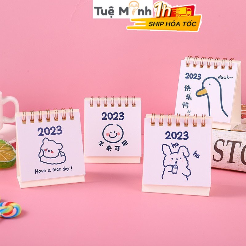 Lịch 2024 2023 mẫu hoạt hình dễ thương để bàn ghi chú màu đẹp mắt, lịch mini lật dở lò xo