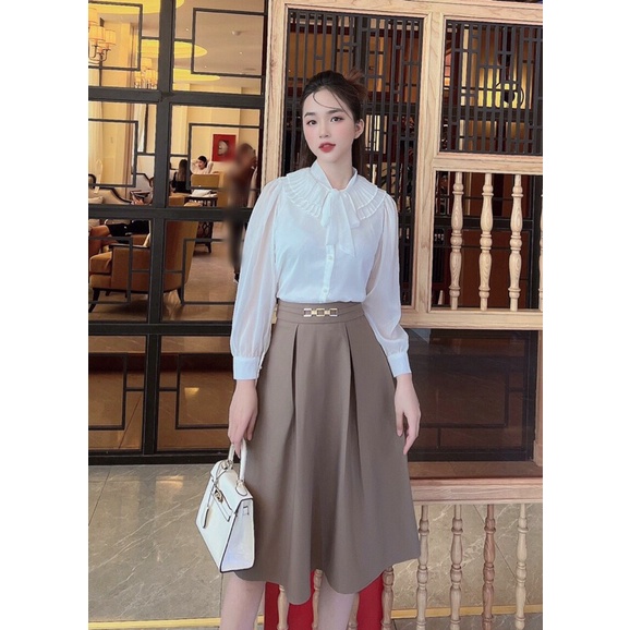 Áo sơ mi dập ly cổ buộc nơ xinh xắn kết hợp chân váy xếp ly dài đủ szie sml đủ màu