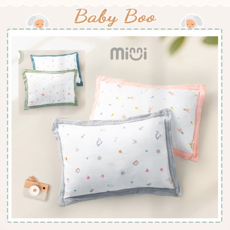 Gối bông sơ sinh Mompa, Minni vỏ cotton ruột bông mềm, mỏng, mát [ babyboo]