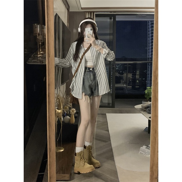 NRVP Áo sơ mi nữ tay dài họa tiết kẻ sọc phong cách Hàn Quốc