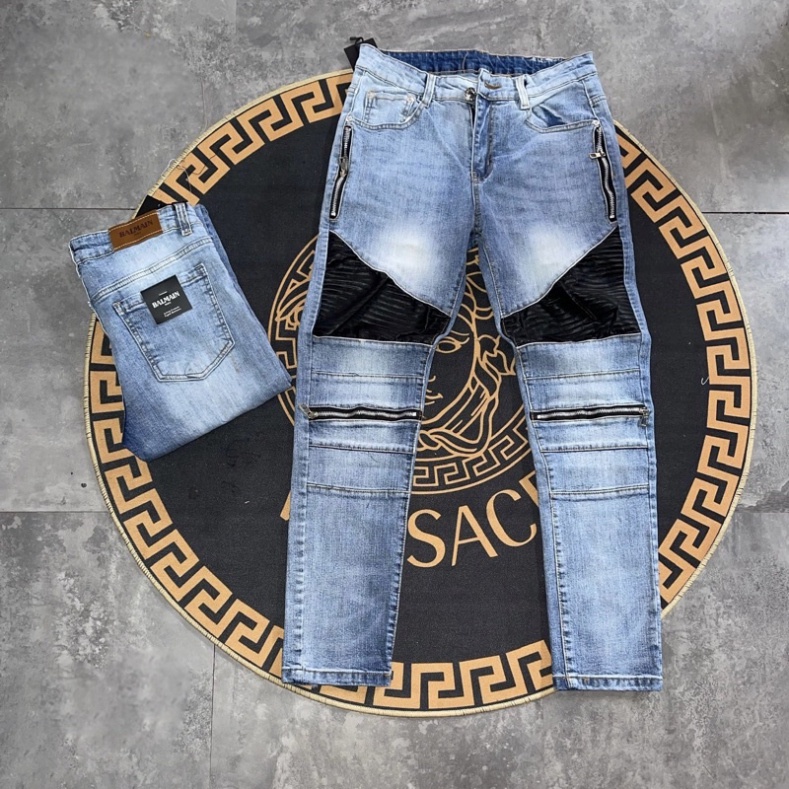 Quần jean bò nam xanh bạc vá da nhăn đùi phối zip dọc đùi ngang gối dáng slimfit cháy phố | BigBuy360 - bigbuy360.vn