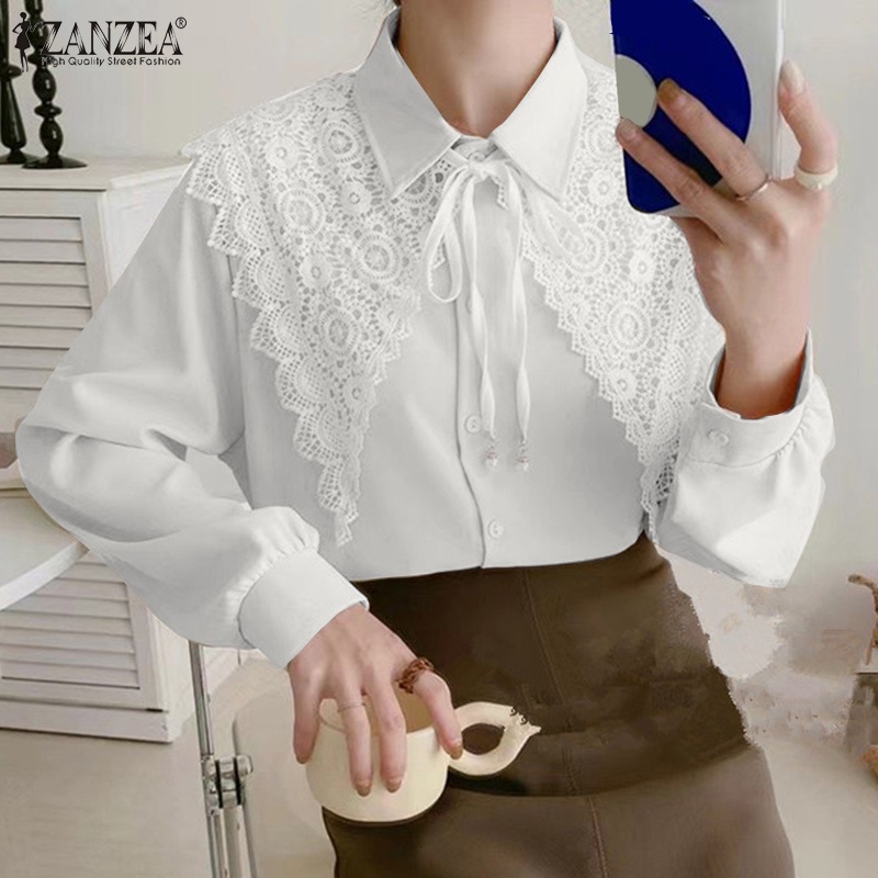 Áo sơ mi ZANZEA tay dài cổ ren có thể tháo rời thời trang cho nữ