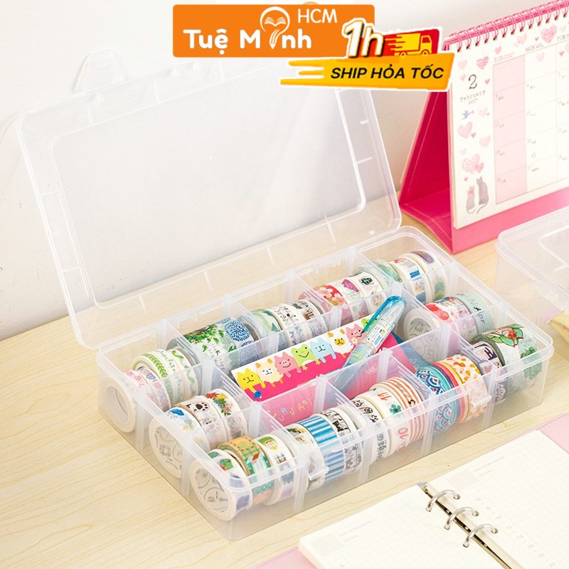 Hộp đựng washi tape sticker VPPTUEMINH, phụ kiện VPP 15 ngăn đựng đồ tháo lắp chống nước C07 kèm nắp