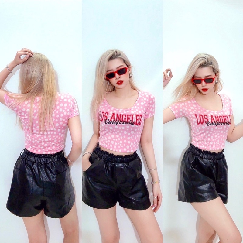 Áo croptop ôm thun len dệt kim hồng chấm bi trắng in Los Angeles