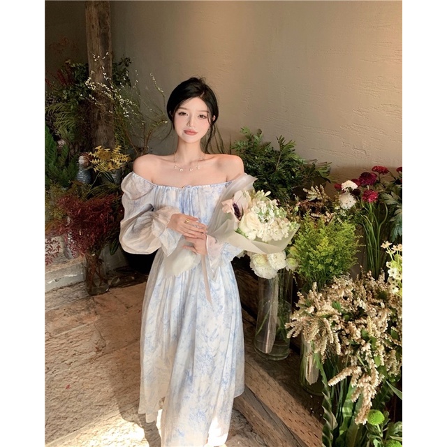 ĐẦM VOAN HOA CỔ VUÔNG TAY BỒNG DÁNG DÀI ULZZANG