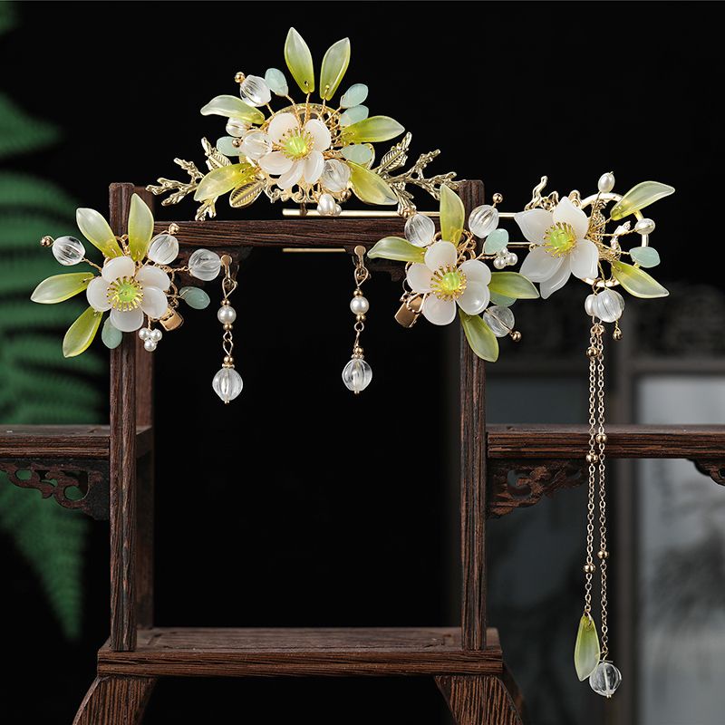 Bộ kim quan cài tóc cổ trang phong cách hanfu màu xanh trắng trang nhã